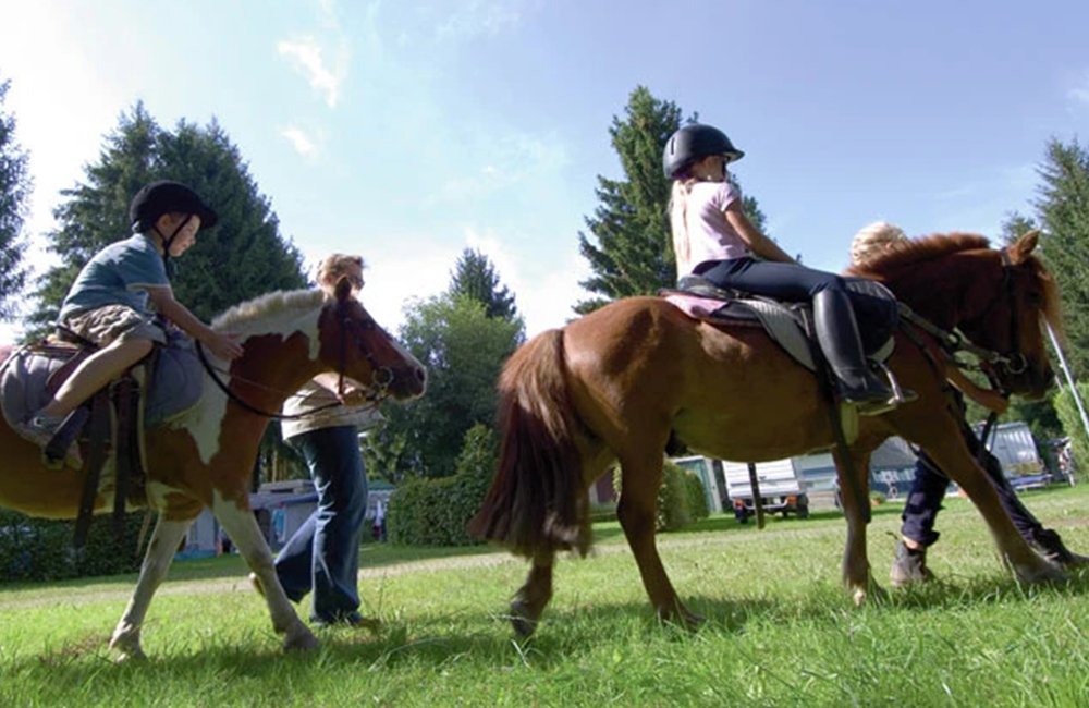 Paardrijden bij kinderboerderij van camping Gitzenweiler Hof in de Duitse Allgäu bij de Bodensee en de grens met Zwitserland en Oostenrijk in Beieren