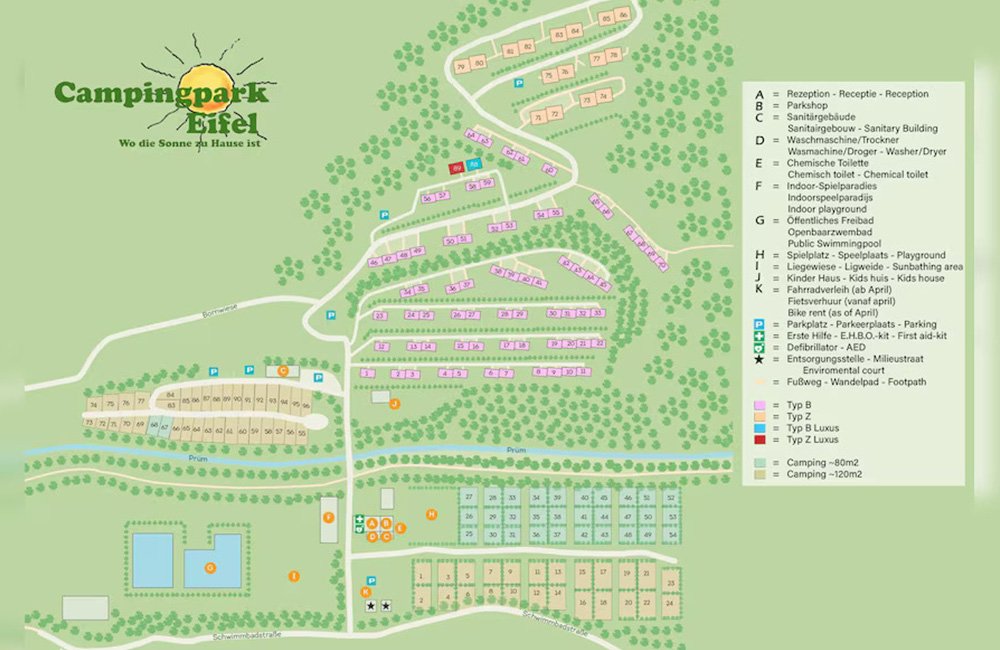 Plattegrond van Campingpark Eifel in het westen van Duitsland bij de grens met Luxemburg en België