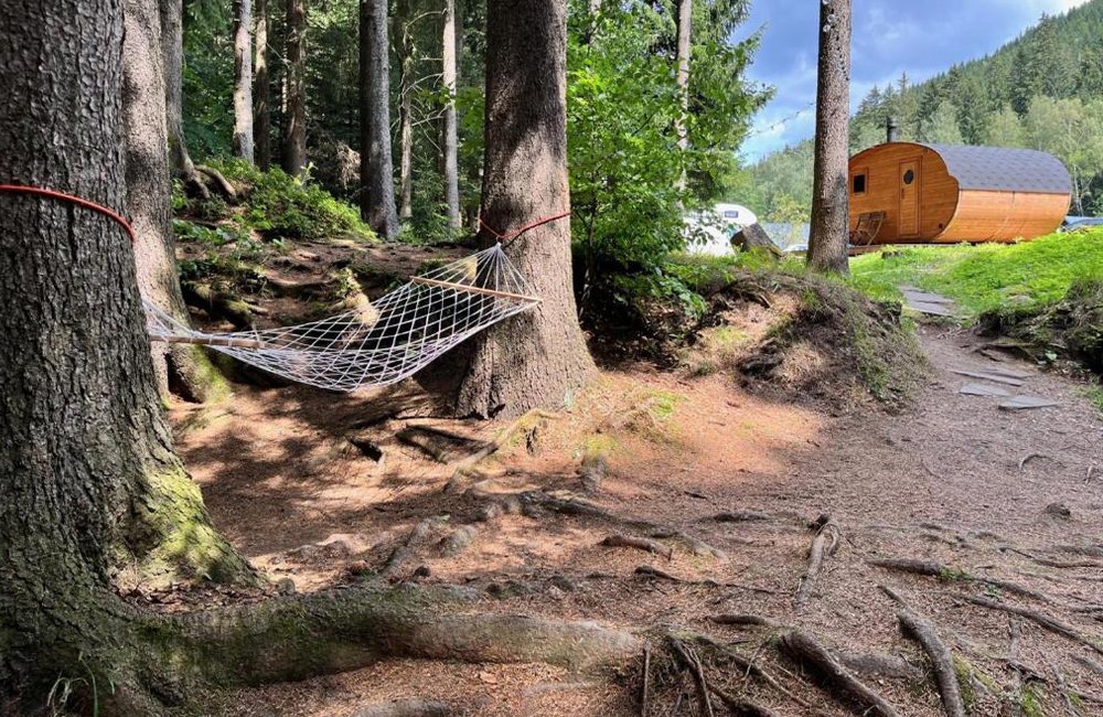 Hangmat van Base Camp Medvědín in het Nationaal Park Reuzengebergte van Tsjechië