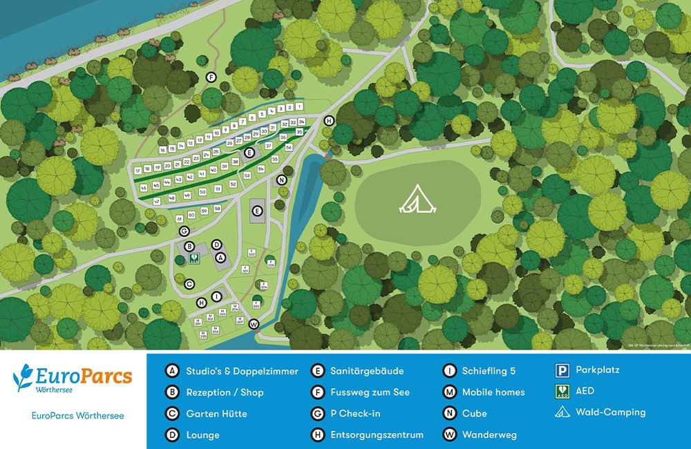 Plattegrond van EuroParcs Wörthersee aan een meer in Karinthië in het zuiden van Oostenrijk