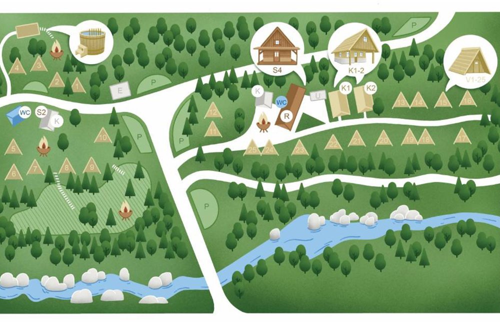 Plattegrond van Camp Korita in de Soča vallei van Slovenië