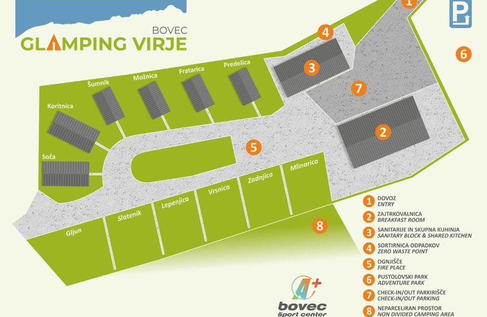 Plattegrond van Glamping Virje in de Soča vallei van Slovenië