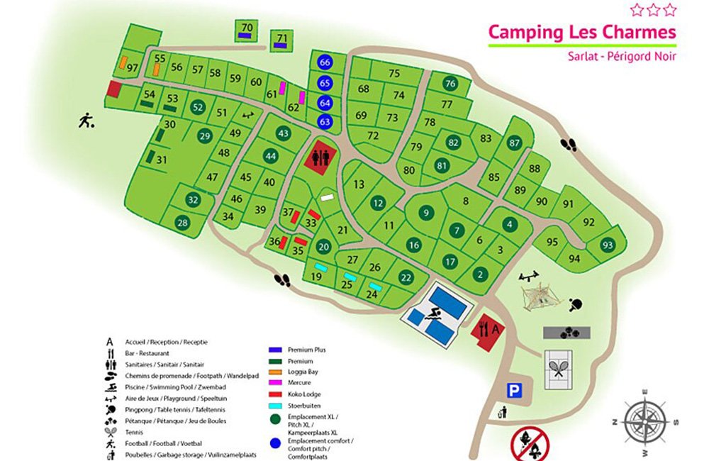 Plattegrond van Camping Les Charmes in de Dordogne van Frankrijk